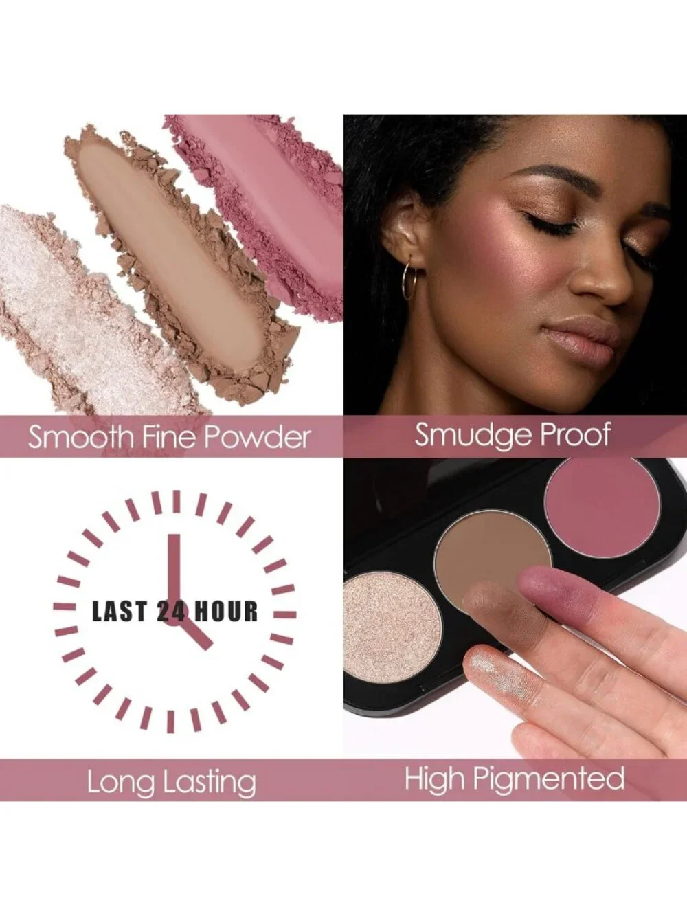 3-in-1 Contour Blush & Highlighter Palette, Cruelty-Free Matte Bronzer & Shimmer